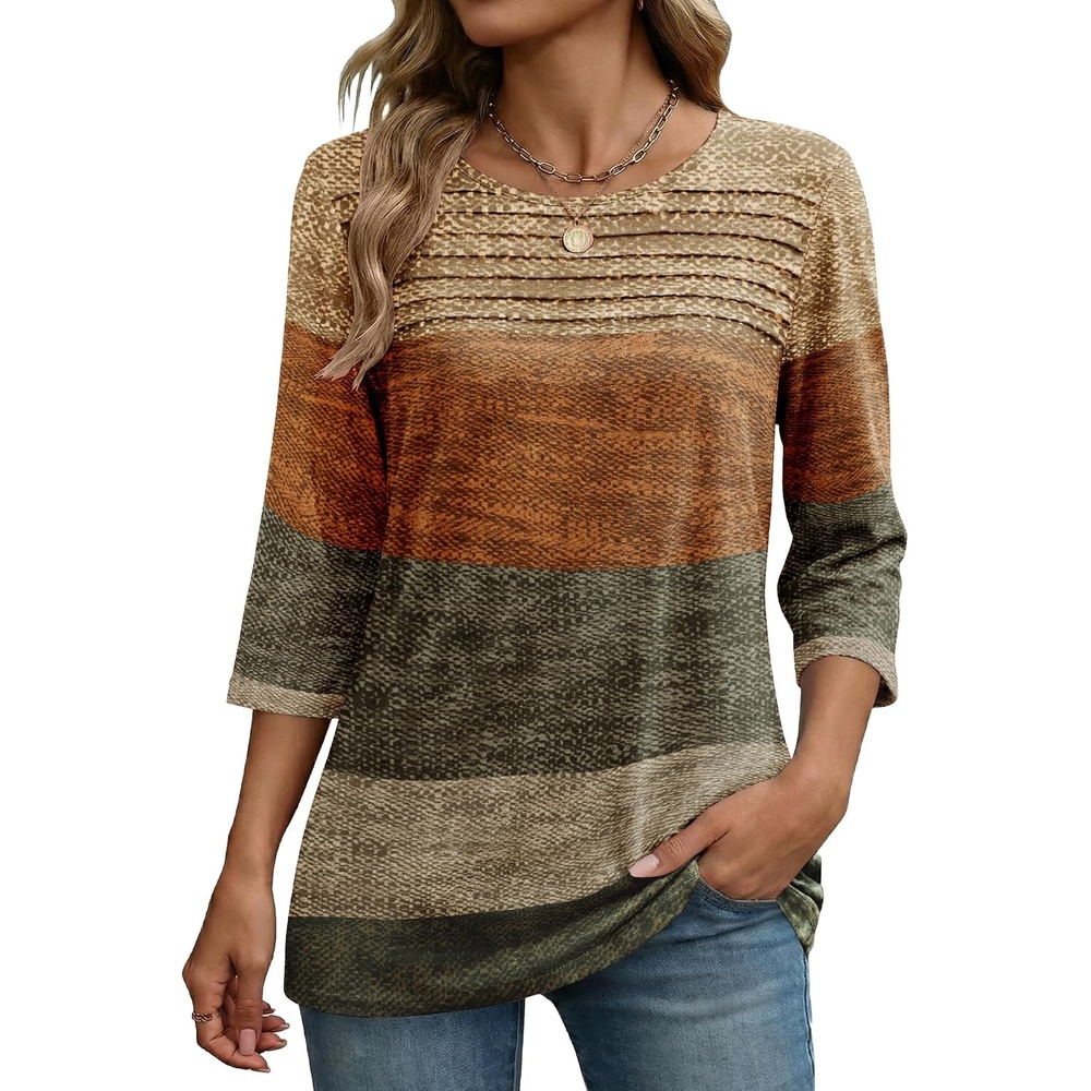 image:imageZeagoo Womens Tops 34 Sleeve Blouses Dressy Casual Shirt Pleated TunicStripes Brown 398