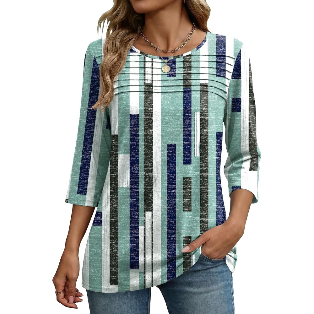 image:imageZeagoo Womens Tops 34 Sleeve Blouses Dressy Casual Shirt Pleated TunicStripes Green 530