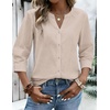 Zeagoo Button Down Shirts for Women 3/4 Sleeve Linen Cotton Top Work Blouse(Khaki)