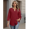Zeagoo Button Down Shirts for Women 3/4 Sleeve Linen Cotton Top Work Blouse(Red)