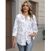 Zeagoo Button Down Shirts for Women 3/4 Sleeve Linen Cotton Top Work Blouse(White Leaf-sp106)