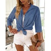 Zeagoo Button Down Shirts for Women 3/4 Sleeve Tops V Neck Collared Blouses Business Casual Outfits(Navy Blue)