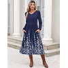 Zeagoo Long Sleeve Midi Dress with Pockets Fall V Neck A-Line Casual Women(Navy Blue Floral)