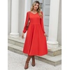 Zeagoo Long Sleeve Midi Dress with Pockets Fall V Neck A-Line Casual Women(Red)