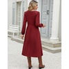 Zeagoo Long Sleeve Midi Dress with Pockets Fall V Neck A-Line Casual Women(Wine Red)