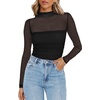 Zeagoo Women’s Mesh Long Sleeve Tops Mock Neck Ruched Sheer Blouse S-2XL(Black)