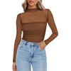 Zeagoo Women’s Mesh Long Sleeve Tops Mock Neck Ruched Sheer Blouse S-2XL(Brown)