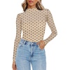 Zeagoo Women’s Mesh Long Sleeve Tops Mock Neck Ruched Sheer Blouse S-2XL(Cream Polka Dots)