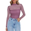 Zeagoo Women’s Mesh Long Sleeve Tops Mock Neck Ruched Sheer Blouse S-2XL(Fuchsia)