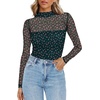 Zeagoo Women’s Mesh Long Sleeve Tops Mock Neck Ruched Sheer Blouse S-2XL(Green Floral)