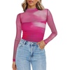 Zeagoo Women’s Mesh Long Sleeve Tops Mock Neck Ruched Sheer Blouse S-2XL(Hot Pink Tie Dye)