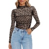 Zeagoo Women’s Mesh Long Sleeve Tops Mock Neck Ruched Sheer Blouse S-2XL(Leopard)