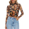 Zeagoo Women’s Mesh Long Sleeve Tops Mock Neck Ruched Sheer Blouse S-2XL(Orange Floral)