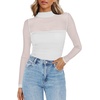 Zeagoo Women’s Mesh Long Sleeve Tops Mock Neck Ruched Sheer Blouse S-2XL(White)