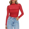 Zeagoo Women’s Mesh Long Sleeve Tops Mock Neck Ruched Sheer Blouse S-2XL(Wine Red)