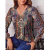 Zeagoo Women’s Puff Long Sleeve Shirts Pleated V Neck Fall Tunic Tops Blouse Dressy Casual Summer T-Shirts(Multicoloured 721)