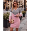 Zeagoo Women’s Sweater Dress Long Sleeve V Neck Short Mini Knitted Dress(Grey & Pink)