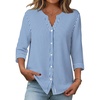 Zeagoo Button Down Shirts for Women 3/4 Sleeve Linen Cotton Top Work Blouse(Blue Stripes-sa1)