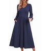 Zeagoo Long Sleeve Midi Dress with Pockets Fall V Neck A-Line Casual Women(Navy Blue)