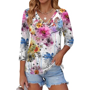 Zeagoo 3/4 Length Sleeve Womens Tops Casual V Neck Shirts Soft Basic Tees(Flower-wf50)