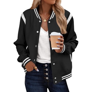 Zeagoo Bomber Jacket Women Varsity Casual Button Down Outfits with Pockets(A01-black)