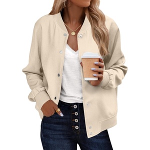 Zeagoo Bomber Jacket Women Varsity Casual Button Down Outfits with Pockets(Champagne)