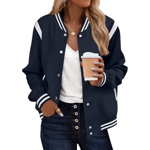 Zeagoo Bomber Jacket Women Varsity Casual Button Down Outfits with Pockets(Navy Blue)
