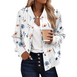 Zeagoo Bomber Jacket Women Varsity Casual Button Down Outfits with Pockets(White Floral Print)