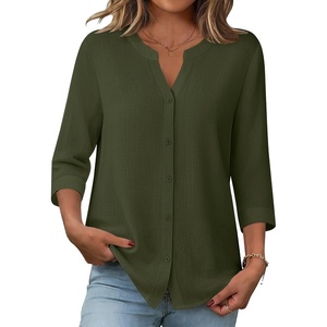 Zeagoo Button Down Shirts for Women 3/4 Sleeve Linen Cotton Top Work Blouse(Army Green)