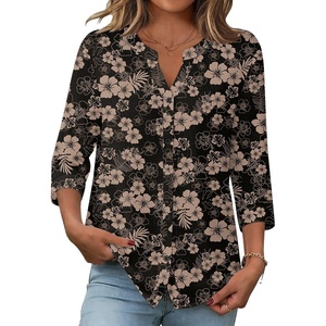 Zeagoo Button Down Shirts for Women 3/4 Sleeve Linen Cotton Top Work Blouse(Black Hawaiian-sf209)