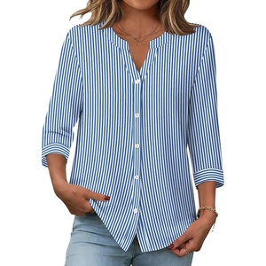 Zeagoo Button Down Shirts for Women 3/4 Sleeve Linen Cotton Top Work Blouse(Blue Stripes-sa1)
