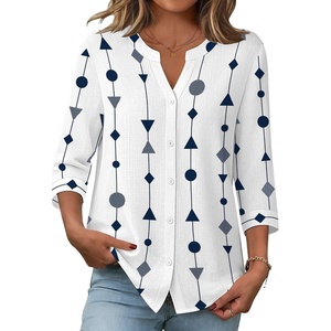 Zeagoo Button Down Shirts for Women 3/4 Sleeve Linen Cotton Top Work Blouse(Geometric White-jh599)