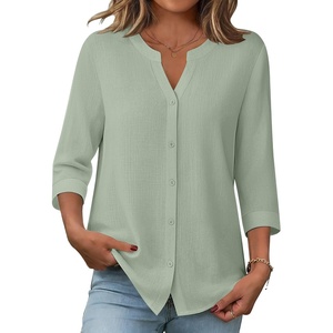 Zeagoo Button Down Shirts for Women 3/4 Sleeve Linen Cotton Top Work Blouse(Light Green)