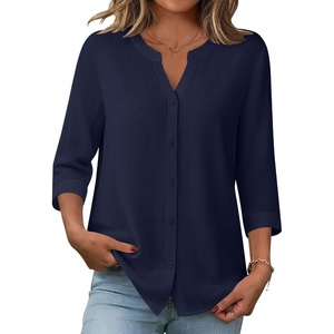 Zeagoo Button Down Shirts for Women 3/4 Sleeve Linen Cotton Top Work Blouse(Nany Blue)