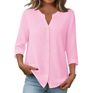 Zeagoo Button Down Shirts for Women 3/4 Sleeve Linen Cotton Top Work Blouse(Pink)