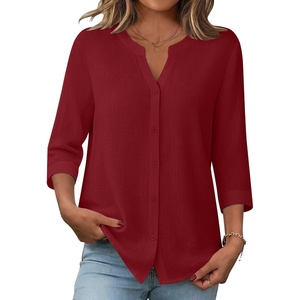 Zeagoo Button Down Shirts for Women 3/4 Sleeve Linen Cotton Top Work Blouse(Red)