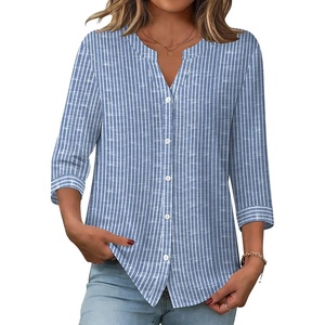Zeagoo Button Down Shirts for Women 3/4 Sleeve Linen Cotton Top Work Blouse(Stripes-tz273)