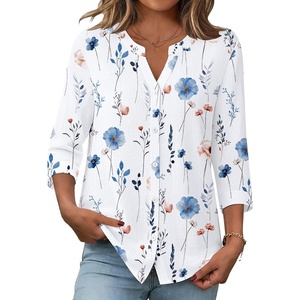 Zeagoo Button Down Shirts for Women 3/4 Sleeve Linen Cotton Top Work Blouse(White Flowers-bf290)