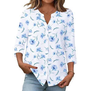 Zeagoo Button Down Shirts for Women 3/4 Sleeve Linen Cotton Top Work Blouse(White Flowers-bf361)