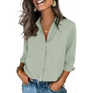 Zeagoo Button Down Shirts for Women 3/4 Sleeve Tops V Neck Collared Blouses Business Casual Outfits(Light Green)