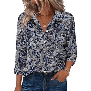 Zeagoo Button Down Shirts for Women 3/4 Sleeve Tops V Neck Collared Blouses Business Casual Outfits(Mz473)