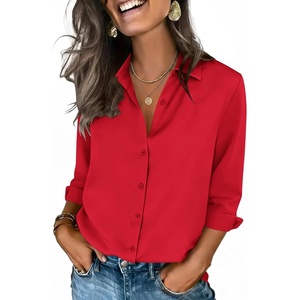 Zeagoo Button Down Shirts for Women 3/4 Sleeve Tops V Neck Collared Blouses Business Casual Outfits(Red)