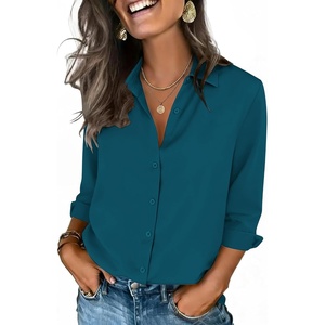 Zeagoo Button Down Shirts for Women 3/4 Sleeve Tops V Neck Collared Blouses Business Casual Outfits(Teal Blue)