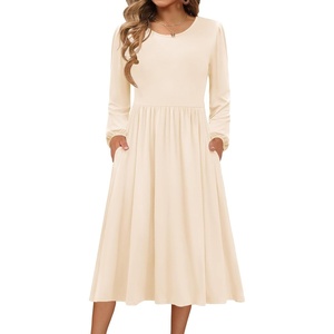 Zeagoo Long Sleeve Dresses for Women 2026 Fall Winter Casual Flowy A-Line Boho Midi Party Long Dress with Pockets(Beige)