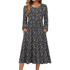 Zeagoo Long Sleeve Dresses for Women 2026 Fall Winter Casual Flowy A-Line Boho Midi Party Long Dress with Pockets(Blue Black Small Floral)