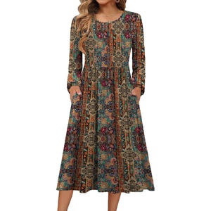 Zeagoo Long Sleeve Dresses for Women 2026 Fall Winter Casual Flowy A-Line Boho Midi Party Long Dress with Pockets(Ethnic Style)