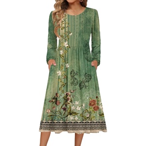 Zeagoo Long Sleeve Dresses for Women 2026 Fall Winter Casual Flowy A-Line Boho Midi Party Long Dress with Pockets(Green Print)