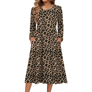 Zeagoo Long Sleeve Dresses for Women 2026 Fall Winter Casual Flowy A-Line Boho Midi Party Long Dress with Pockets(Leopard Print)