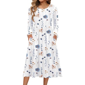 Zeagoo Long Sleeve Dresses for Women 2026 Fall Winter Casual Flowy A-Line Boho Midi Party Long Dress with Pockets(White Floral)