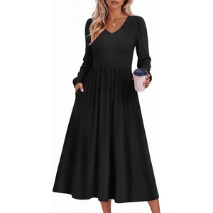 Zeagoo Long Sleeve Midi Dress with Pockets Fall V Neck A-Line Casual Women(Black)